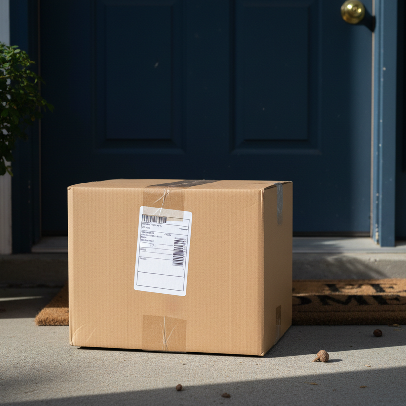 A photo of a package at the door